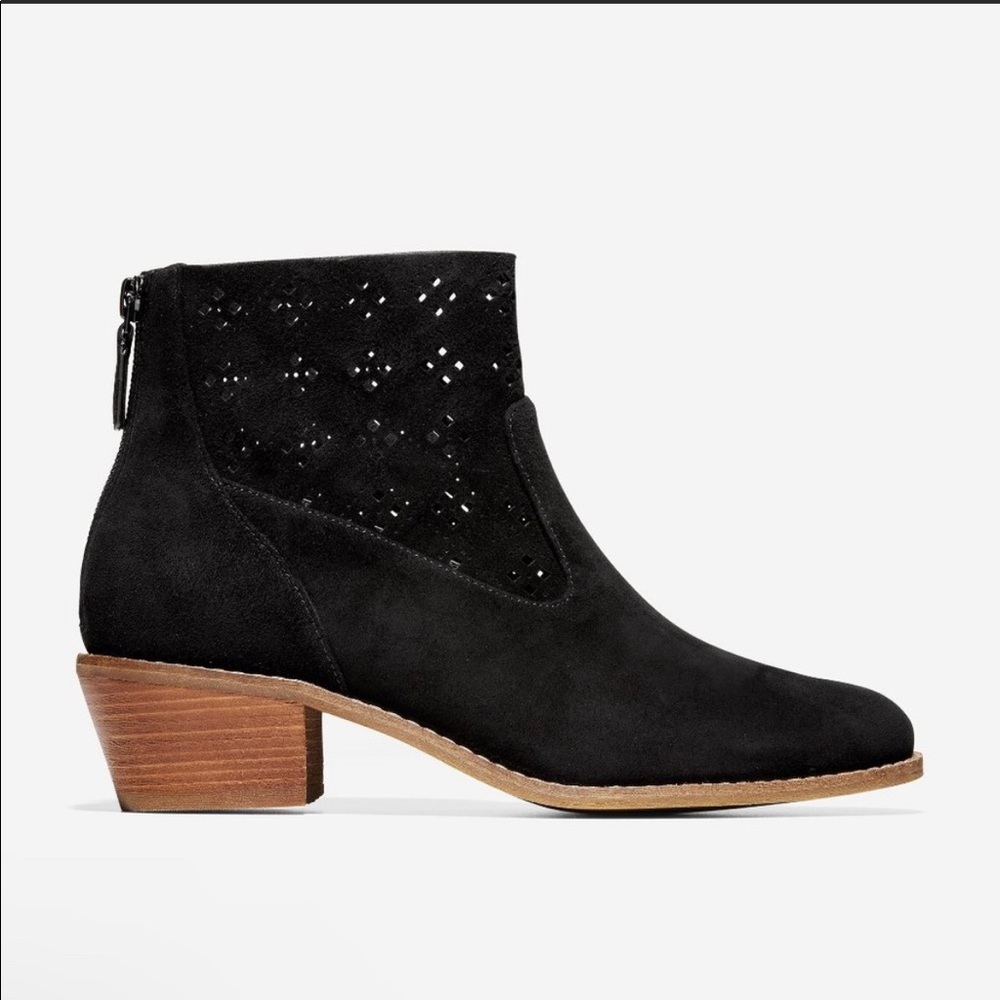 Cole Haan Black Suede Jayne Lasercut Ankles Booties Size 5.5 NWT